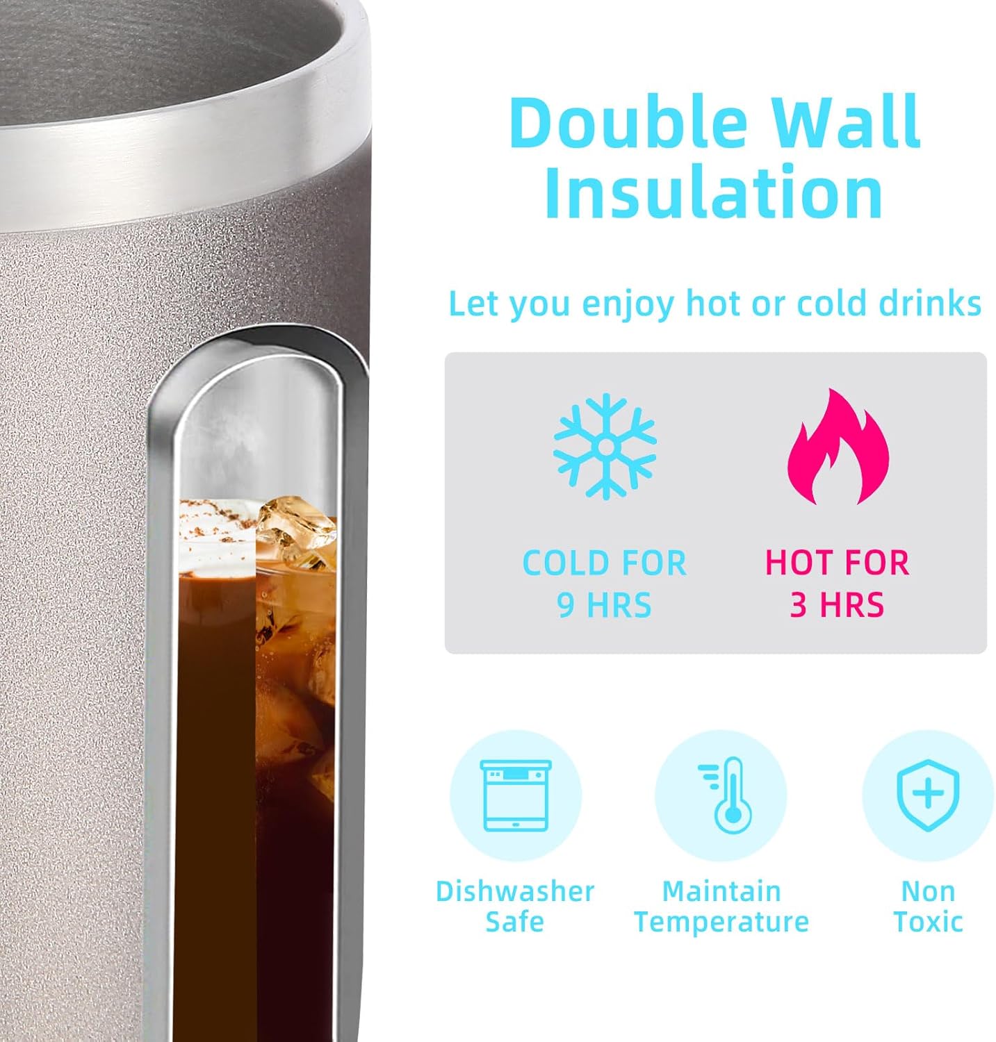 Volhoply 14oz Insulated Stainless Steel Coffee Mug with Leakproof Lid,Double Wall Vacuum Travel Coffee Cup with Handle,Reusable Metal Cups Tumbler, Camping Mugs Keep Hot/Cold,Ideal Gifts(Gray,1 Set)