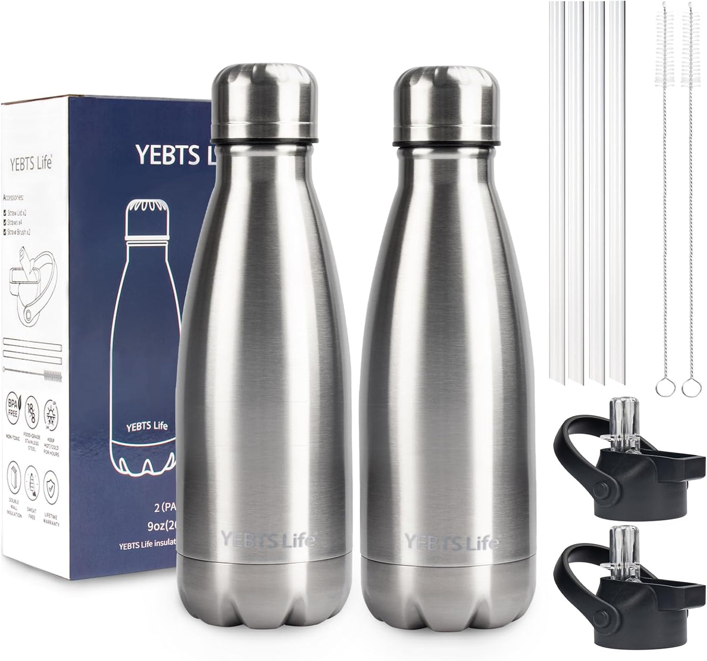 Insulated Water Bottle, 2 Pack-9oz Stainless Steel Water Bottles with straw lid, Metal Sports Water Bottles for Boys,Girls, Double Wall Vacuum BPA-Free Flask for School, Sports & Travel (Silver)