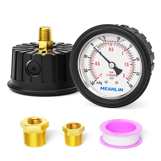 MEANLIN MEASURE -30inHG~30Psi Stainless Steel 1/4" NPT 2.5" FACE DIAL Vacuum Pressure Gauge, Center Back Mount (with Rubber Protective Sleeve), with 1/2" NPT and 3/8" NPT Hex Bushing