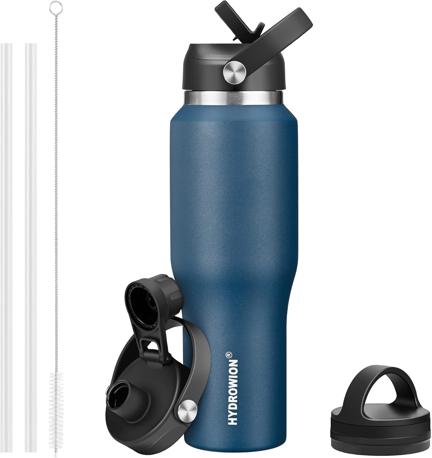 HYDROWION 32oz Stainless Steel Water Bottle(Cold for 48 Hrs, Hot for 24 Hrs), Double Wall Vacuum Insulated Water Flask with Straw Lid, Spout Lid and Flex Cap, Fit in Any Car Cup Holder, Cobalt