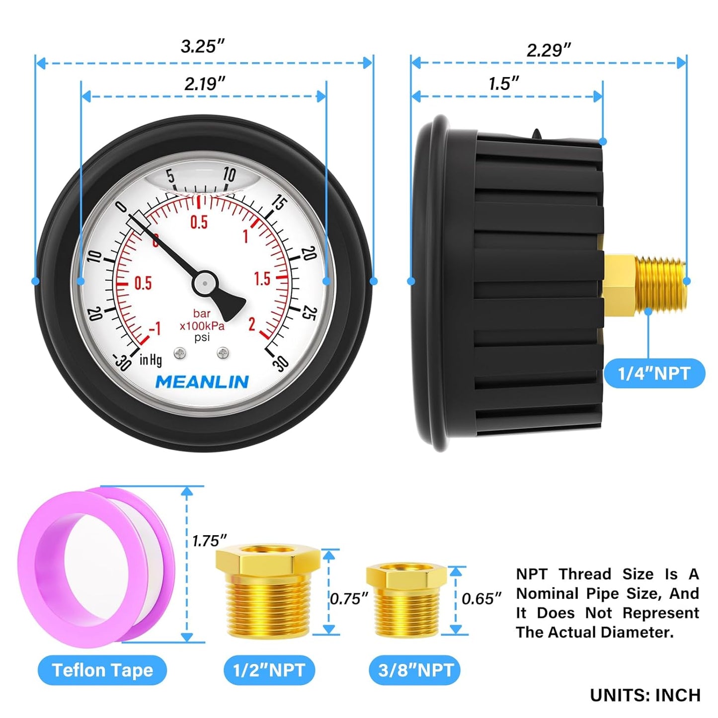 MEANLIN MEASURE -30inHG~30Psi Stainless Steel 1/4" NPT 2.5" FACE DIAL Vacuum Pressure Gauge, Center Back Mount (with Rubber Protective Sleeve), with 1/2" NPT and 3/8" NPT Hex Bushing