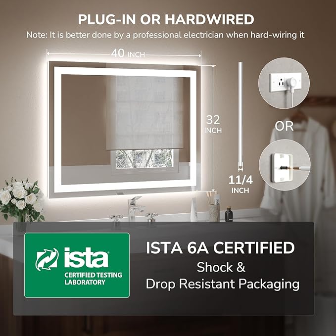 USHOWER LED Bathroom Mirror 40x32 Inch Tempered Glass - Image 7