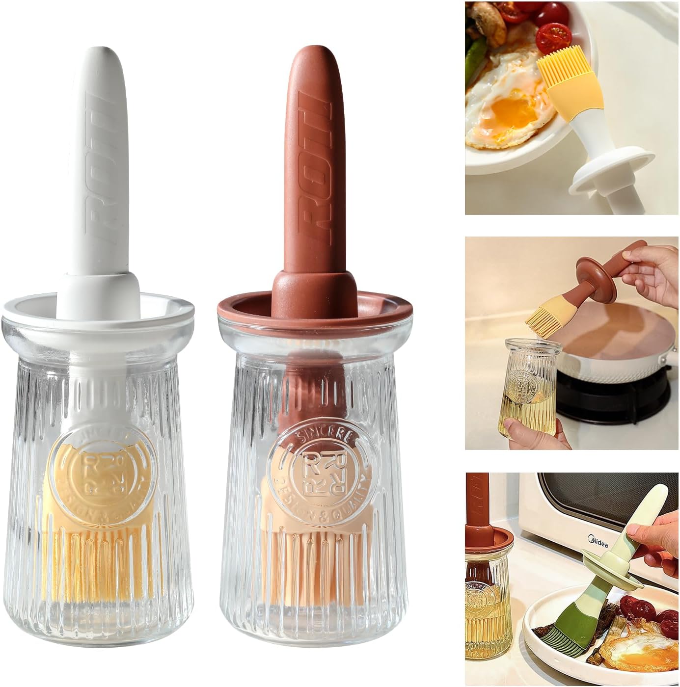 Oil Dispenser with Brush - Glass Olive Oil Dispenser for Kitchen, 3 IN 1 Oil Dispenser Bottle with Silicone Basting Brush for Cooking Vinegar Sauce BBQ Grill Frying (Brown/White)