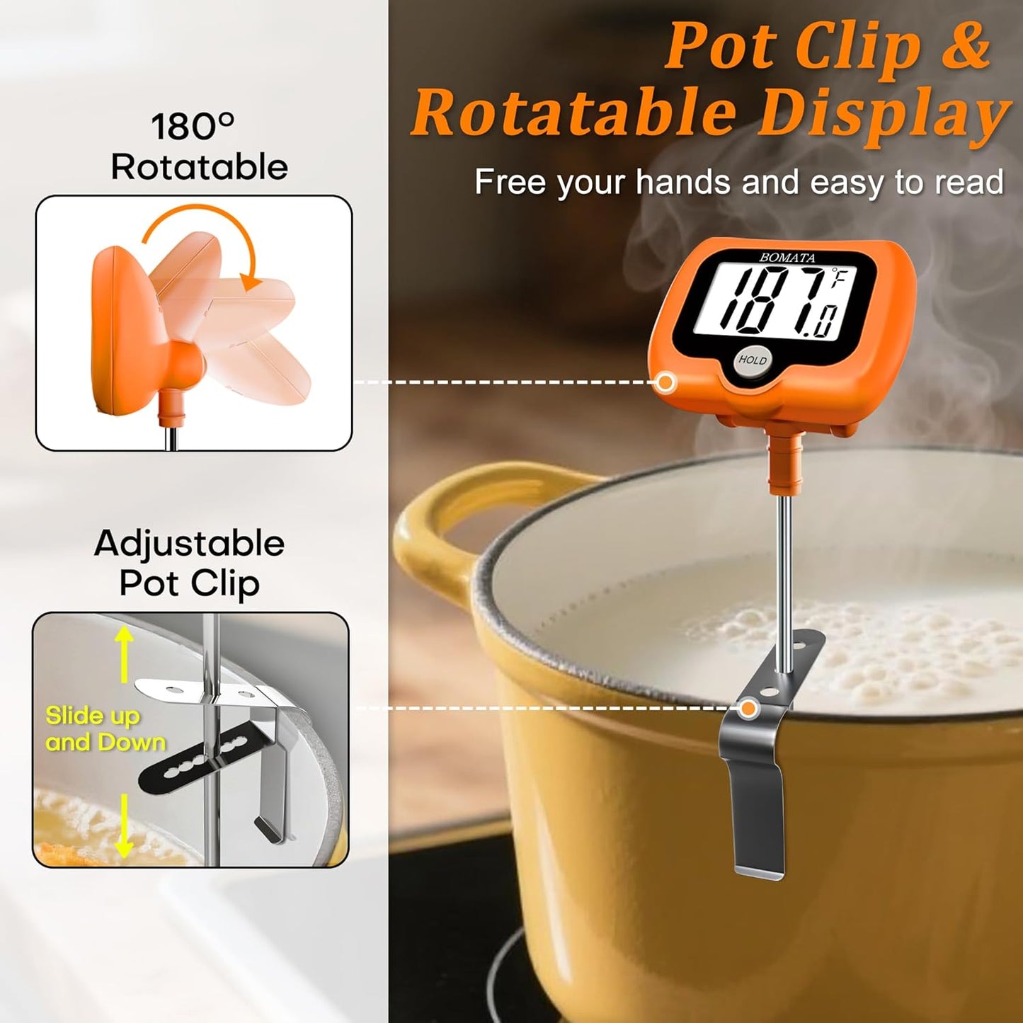 BOMATA Digital Candy Thermometer with Pot Clip, Deep Fry Oil Thermometer with Rotatable Display & Long Probe, for Candy Candle Making, Cooking, Food, Liquids, Water, Sugar.. Orange
