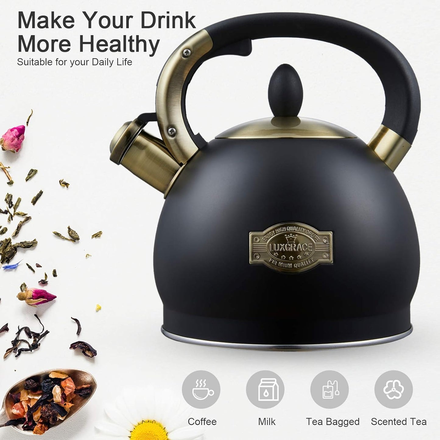 Stove Top Whistling Tea Kettle- Stainless Steel Teakettle Teapot with Ergonomic Handle 2.6 Quart(Black)