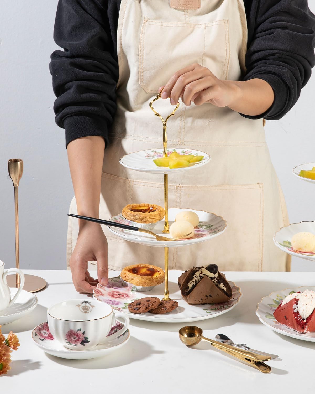 Sweejar 3 Tier Ceramic Cake Stand Wedding, Dessert Cupcake Stand for Tea Party Serving Platter (Fresh Flower)