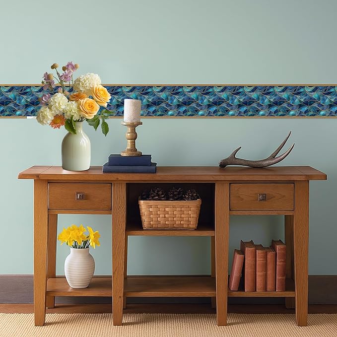 Blue Geometric Mosaic Wallpaper Border 196x4 Inch Peel and Stick Wall Border - Image 6