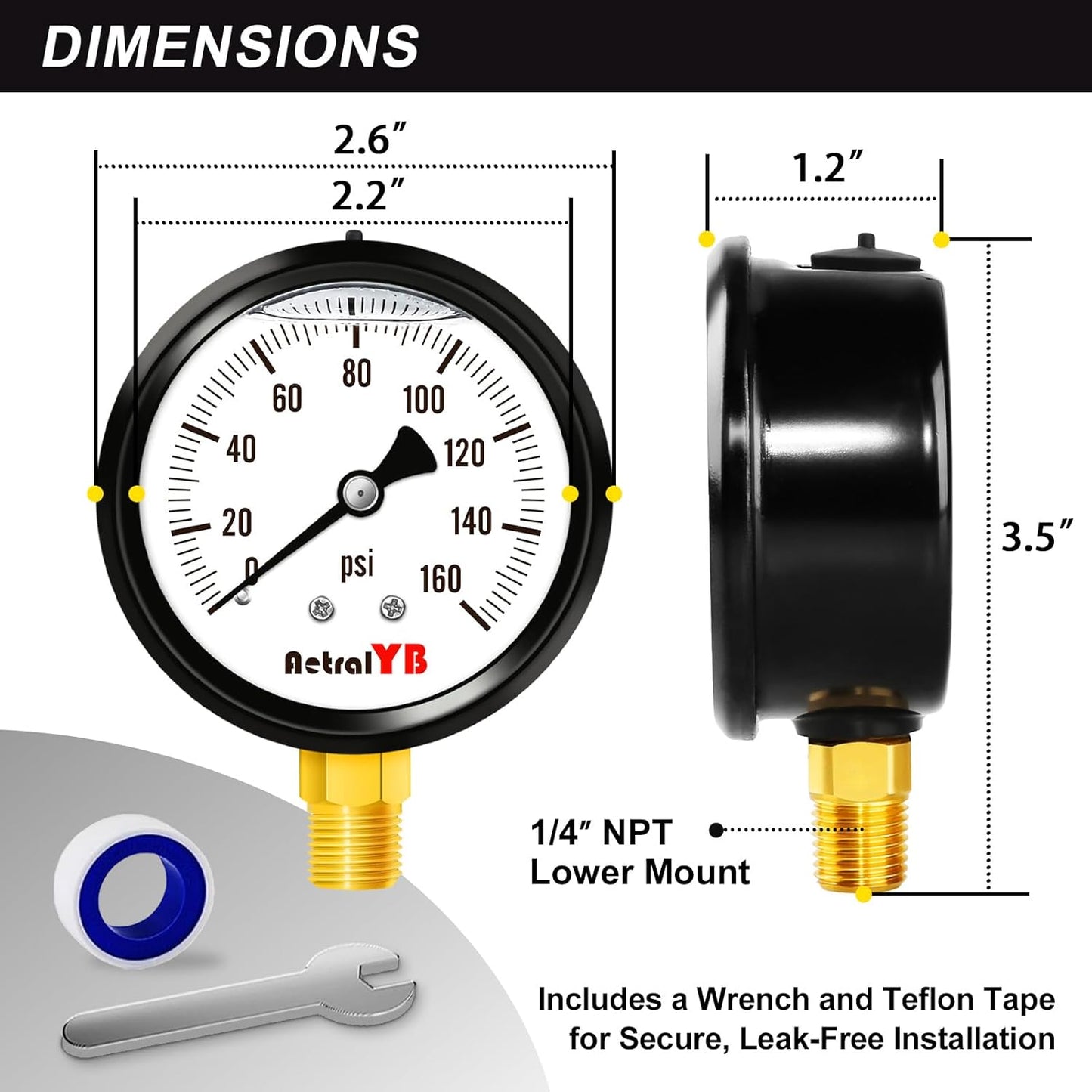 0-160 Psi Pressure Gauge,Stainless Steel Case,Glycerin Liquid Filled, 2.5" Dial Size, 1/4" NPT Lower Mount, IP67 Waterproof,for Water Pump, Air Compressor, Well Pump, RV Regulator