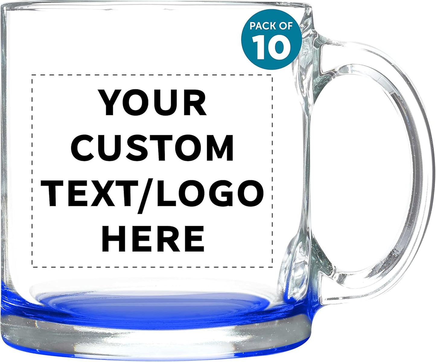 Custom Libbey Clear Glass Coffee Mugs 13 oz. Set of 10, Personalized Bulk Pack - Perfect for Coffee, Tea, Espresso, Hot Cocoa, Other Beverages - Blue Bottom