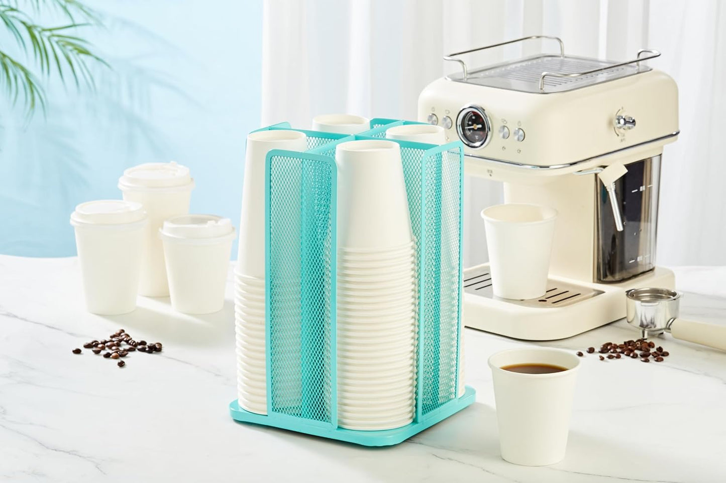 Annova Paper/Plastic Cup and Lid Holder Plastic Storage Organizer, 360°Rotating Coffee Mup Dispenser with 4 Compartments, Multifunctional Storage Rack for Home, Office, Bar, Coffee Shop (Turquoise)