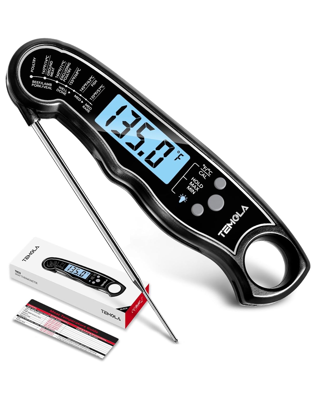 TEMOLA Meat Thermometer, Instant Read Food Thermometer with LCD Backlight Calibration, Waterproof Ultra Fast Digital Cooking Thermometer for Candy Deep Fry Liquids Beef Kitchen Baking Smoker Grill BBQ