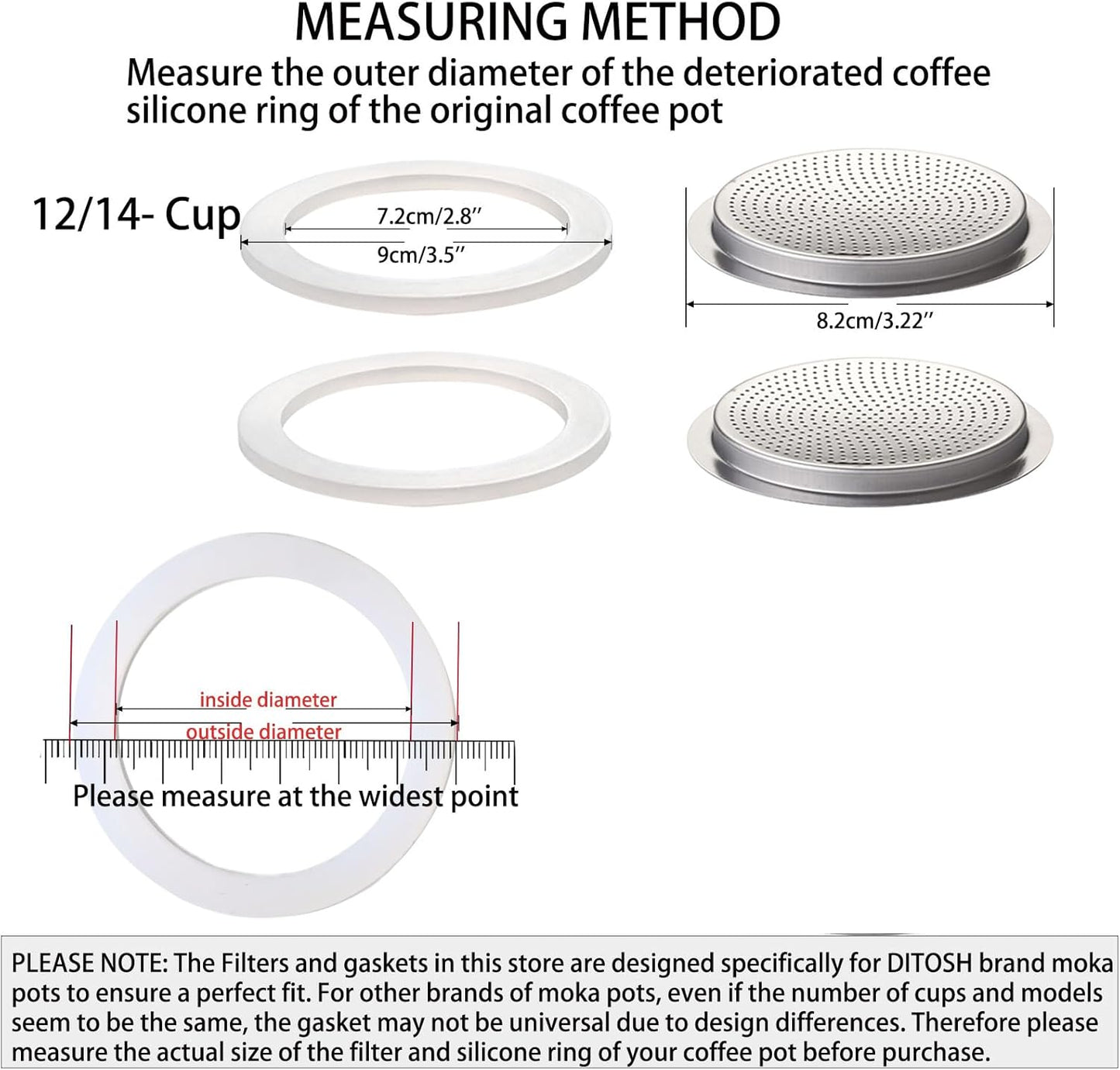 2 Pcs Filter with 3 Pcs Silicone Gasket Seals for 12 Cup 14 Cup Stovetop Espresso Coffee Maker Replacement Parts for DITOSH Aluminium Moka Pot
