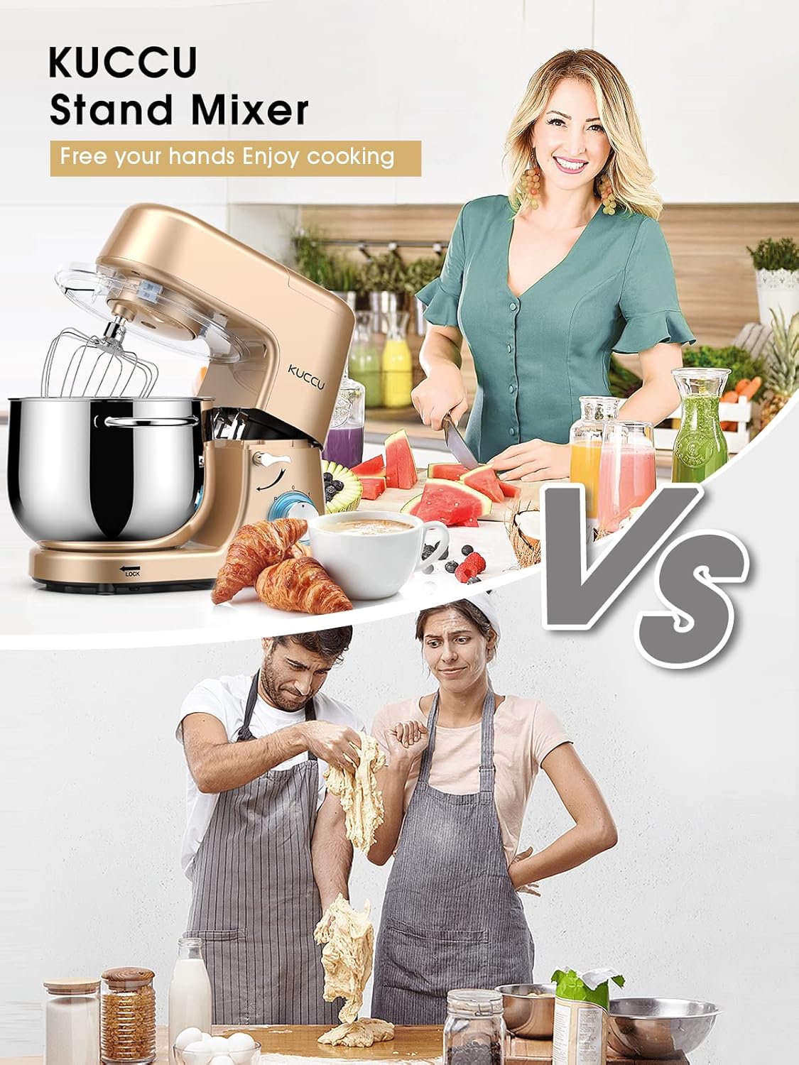 9.5 QT Double Handle KUCCU Stand Mixer, 6 Speed with Pulse Electric Kitchen Mixer, 660W Tilt-Head Food Mixer with Dishwasher-Safe Dough Hook, Flat Beater, Whisk, Splash Guard for home baking (Gold)