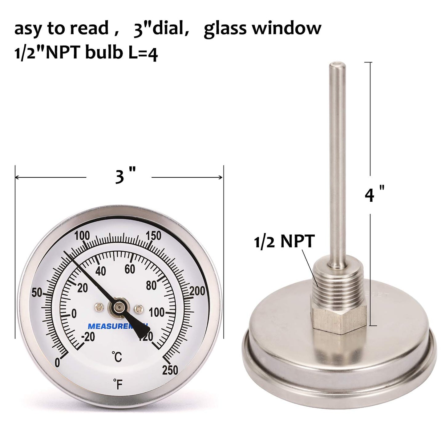 MEASUREMAN Fully Stainless Steel Pot, Kettle, Brewing Bimetal Thermometer, 3" Dial, 4" Stem, 0-250 deg F/-20-120 deg C, -1% Accuracy, Adjustable, 1/2" NPT Back Mount