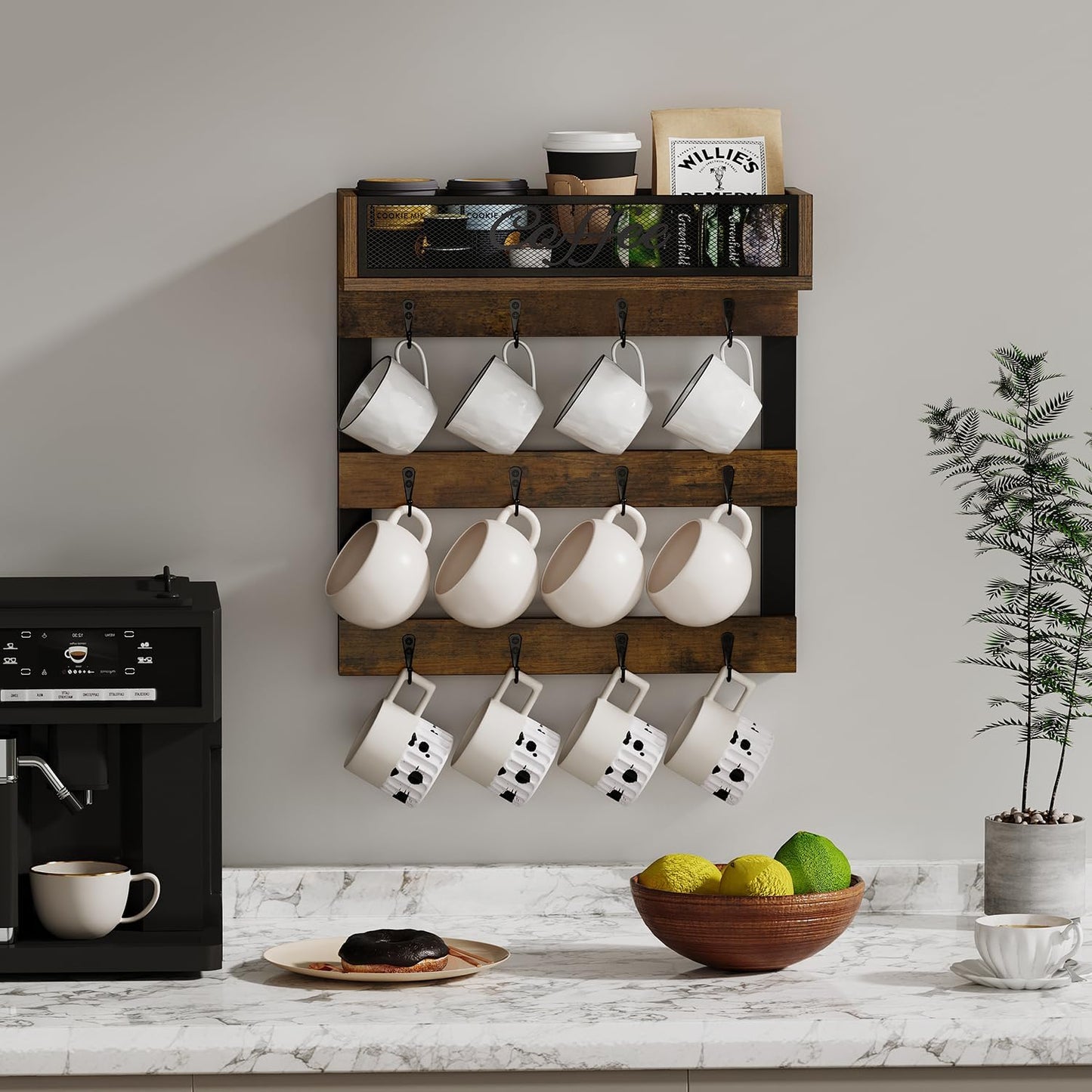 YINMIT Coffee Mug Holder with 12 Hooks, Coffee Cup Holder Wall Mounted with Top Shelf, Mug Organizer for Home Kitchen, Brown
