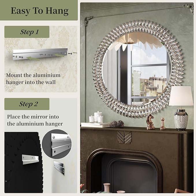 Kelly Miller 36" Large Round Jeweled Wall Mirror, Luxury Diamond Beveled - Image 7