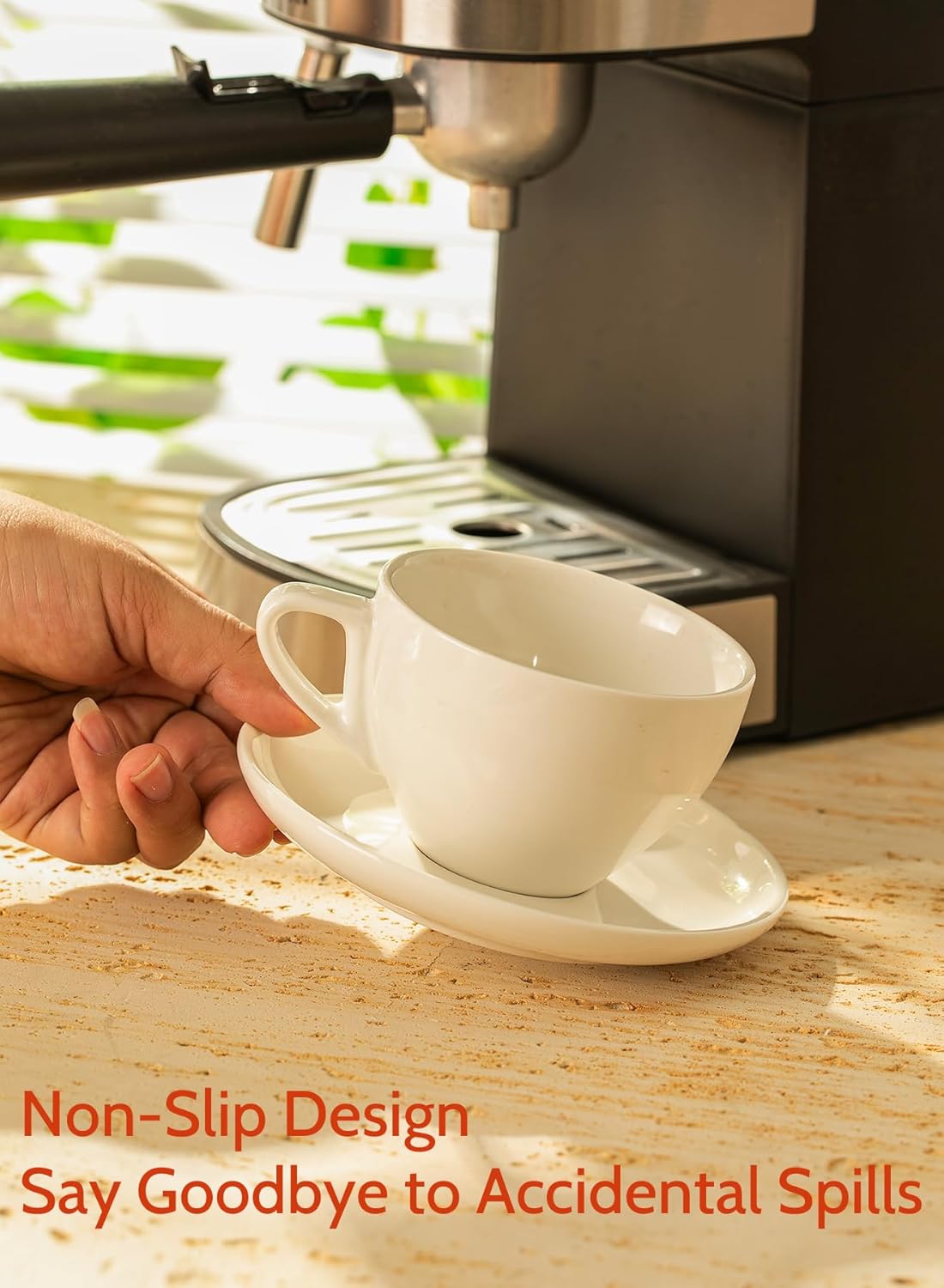 Sweese 6 Ounce Cappuccino Cups with Saucers, Porcelain Double Espresso Cups Set of 6 - White