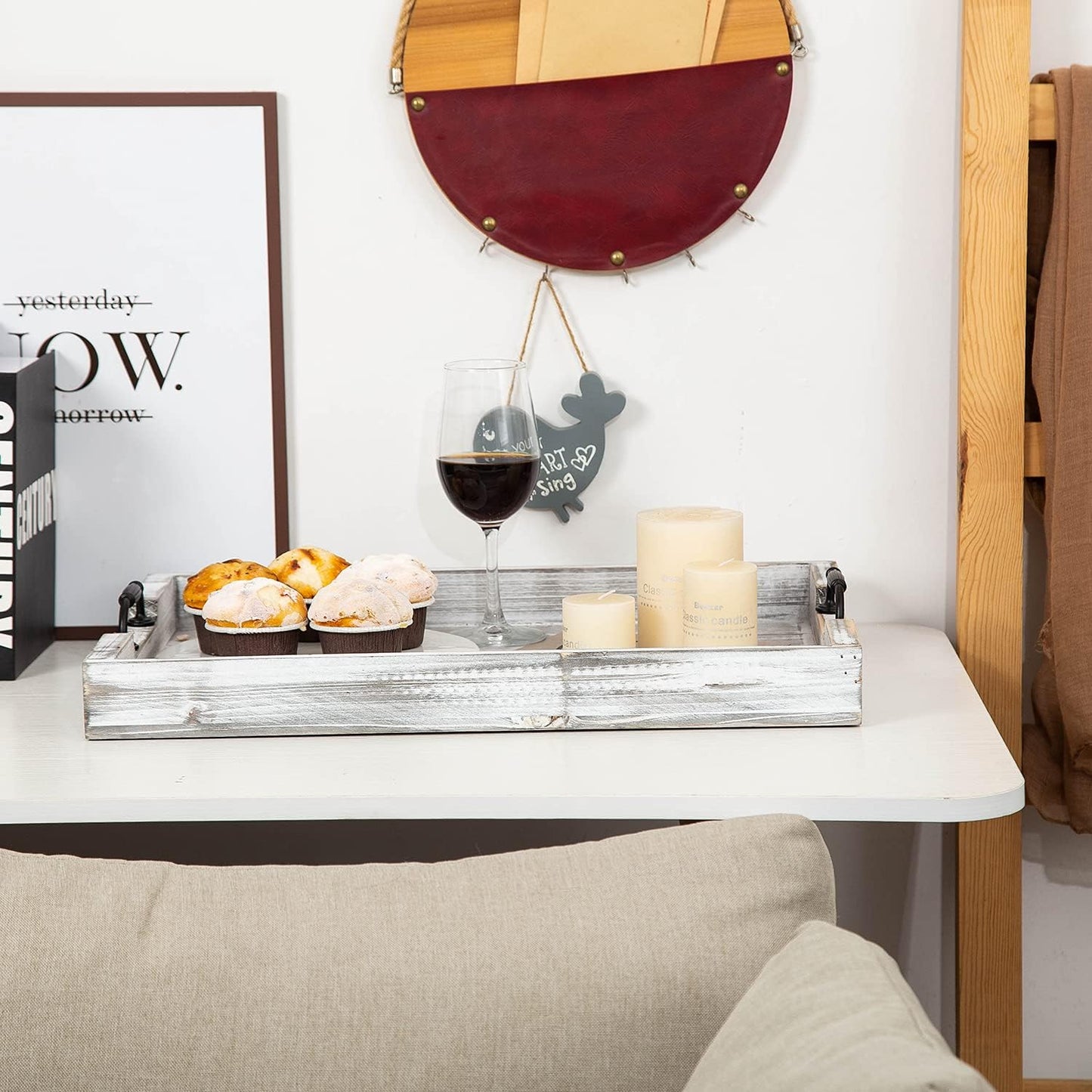 Rustic Vintage Big Wood Food Serving Trays with cutout Metal Handles(20 Inches) large Nesting Board Decorative Serving Trays Platter for Breakfast in Bed, Ottoman, Coffee Table, BBQ, Party(Gray white)