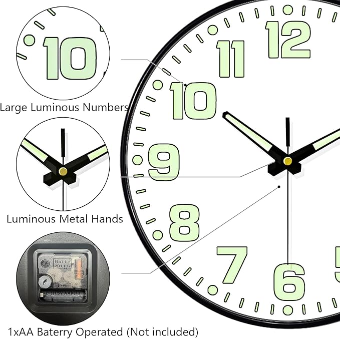 Glow in The Dark Wall Clock, Large Easy Read Numbers Tempered Glass Night Light - Image 8