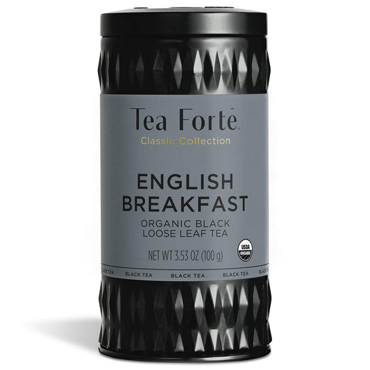 Tea Forte English Breakfast Premium Organic Loose Leaf Caffeinated Black Tea Blend Canister, Makes 35-50 Cups