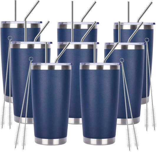 Pandance 20oz Stainless Steel Insulated Tumblers with Lid and Straw Bulk, Double Wall Vacuum Water Cups for Hot & Iced Coffee Drinks Travel Mug (Navy Blue, 8 pack)