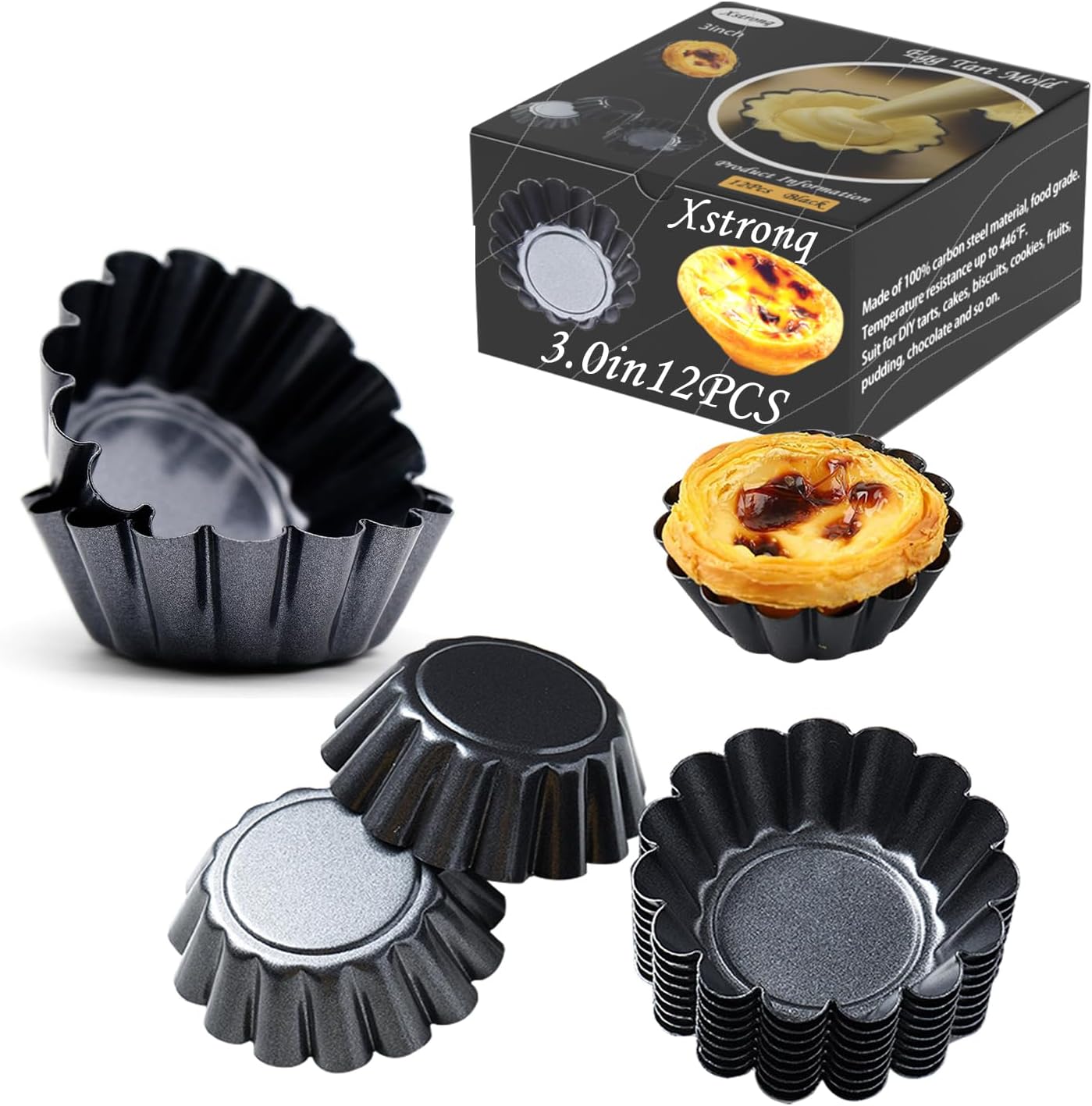 Egg Tart Molds 12PCS Tart Pan 3inch, Mini Carbon Steel Non Stick Tart Pans, Tart Molds For Baking (3 inch)