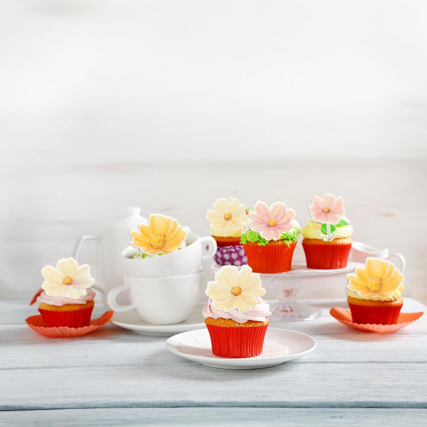 Ephlyn 50Pcs Edible Flower Cupcake Toppers Wafer Paper Spring Bridal Engagement Baby Shower Birthday Party Cupcake Picks Anniversary Party Decorations Supplies Multi