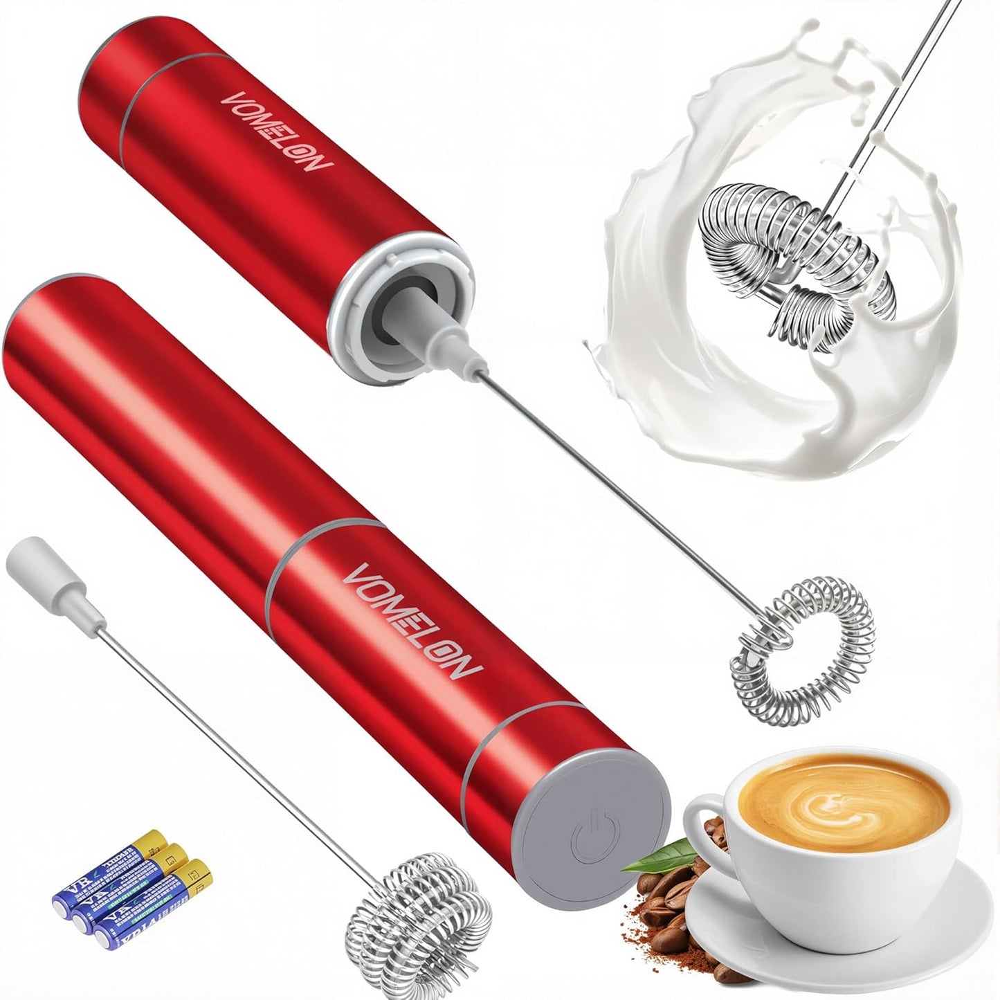 Milk Frother Handheld, Battery Operated Coffee Foamer Drink Mixer with 2 Stainless Steel Electric Whisks for Coffee, Latte, Cappuccino, Hot Chocolate, Protein， Batteries Included, Ruby Red