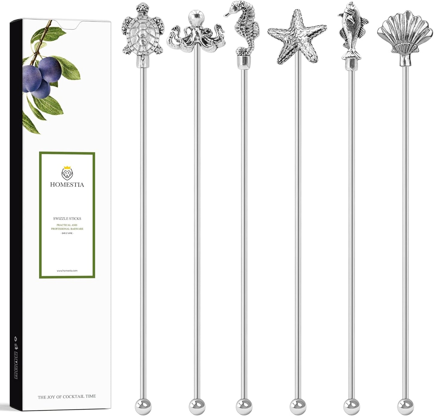 Homestia 7.5 Inches Stainless Steel Coffee Beverage Stirrers Drink Swizzle Stick with Animal Design, Set of 6 Cocktail Stirrers, Metal Cocktail Stir Sticks Stirring Drink Swizzle Stick Picks Tools
