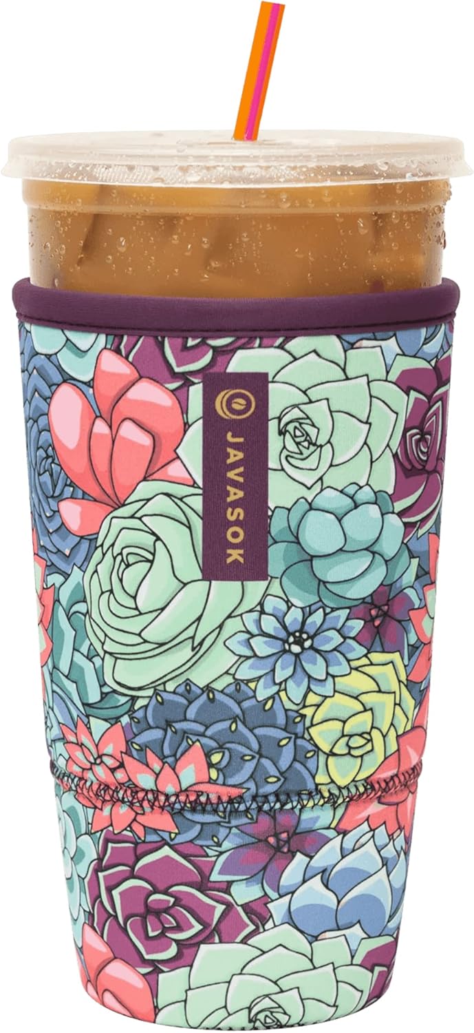 Sok It JavaSok Iced Coffee & Cold Soda Insulated Neoprene Cup Sleeve (Succulents, XXLarge: 44-48oz)