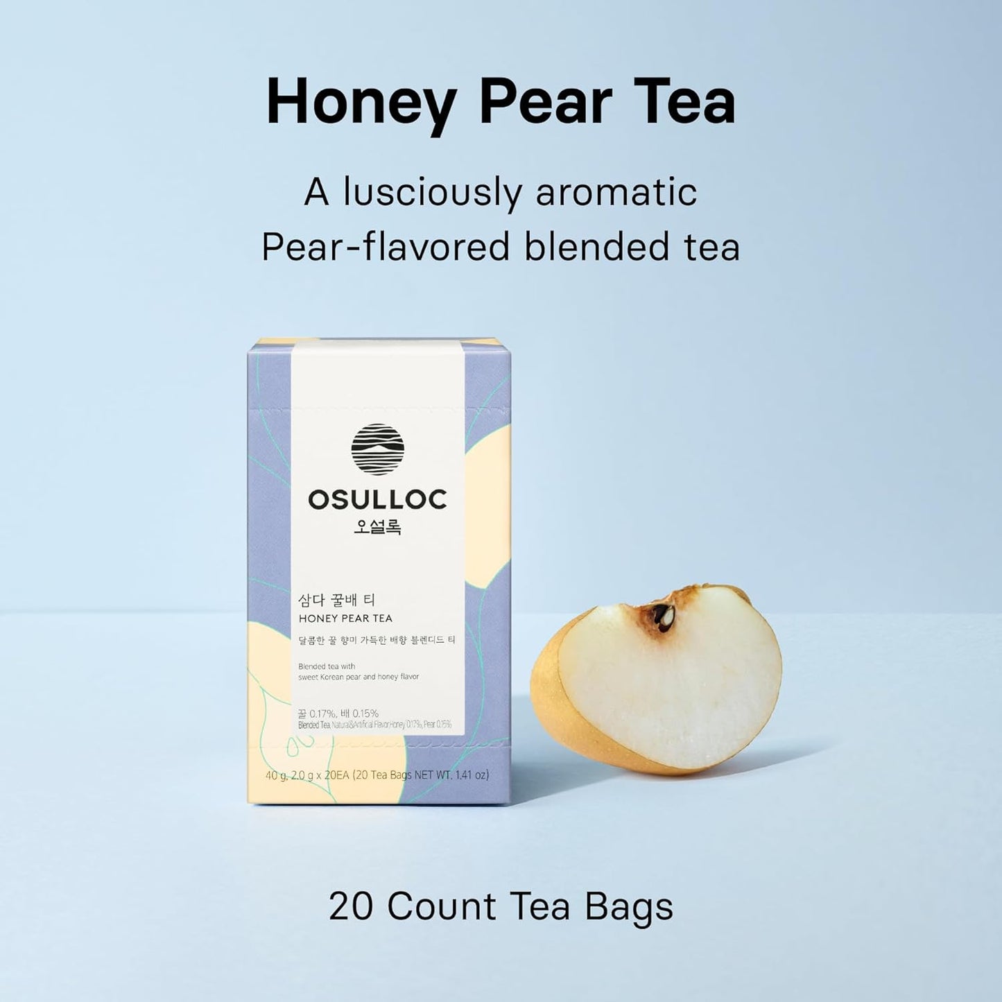OSULLOC Honey Pear Tea (Sweet Pear & Honey Flavor), Fruit tea Blend, Premium Teabags from Jeju Island, 20 count