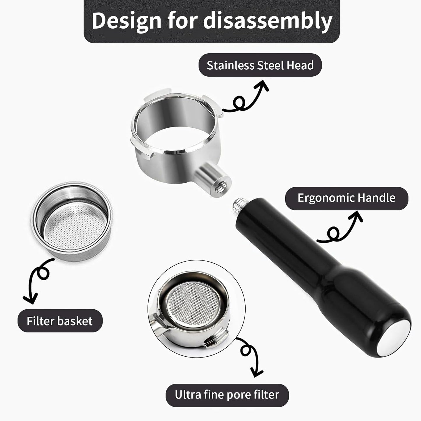 51mm Bottomless Portafilter for Delonghi Dedica EC680, EC685,SMEG and EUPA Coffee Machines, 3-Ear Design, Stainless Steel 51mm portafilter with Stainless Steel Double Shot Capacity Cup Filter Basket