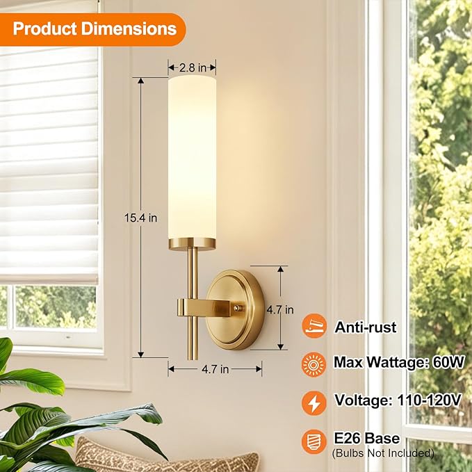 Wall Sconces Set of Two, Brushed Gold Bathroom Sconces - Image 7