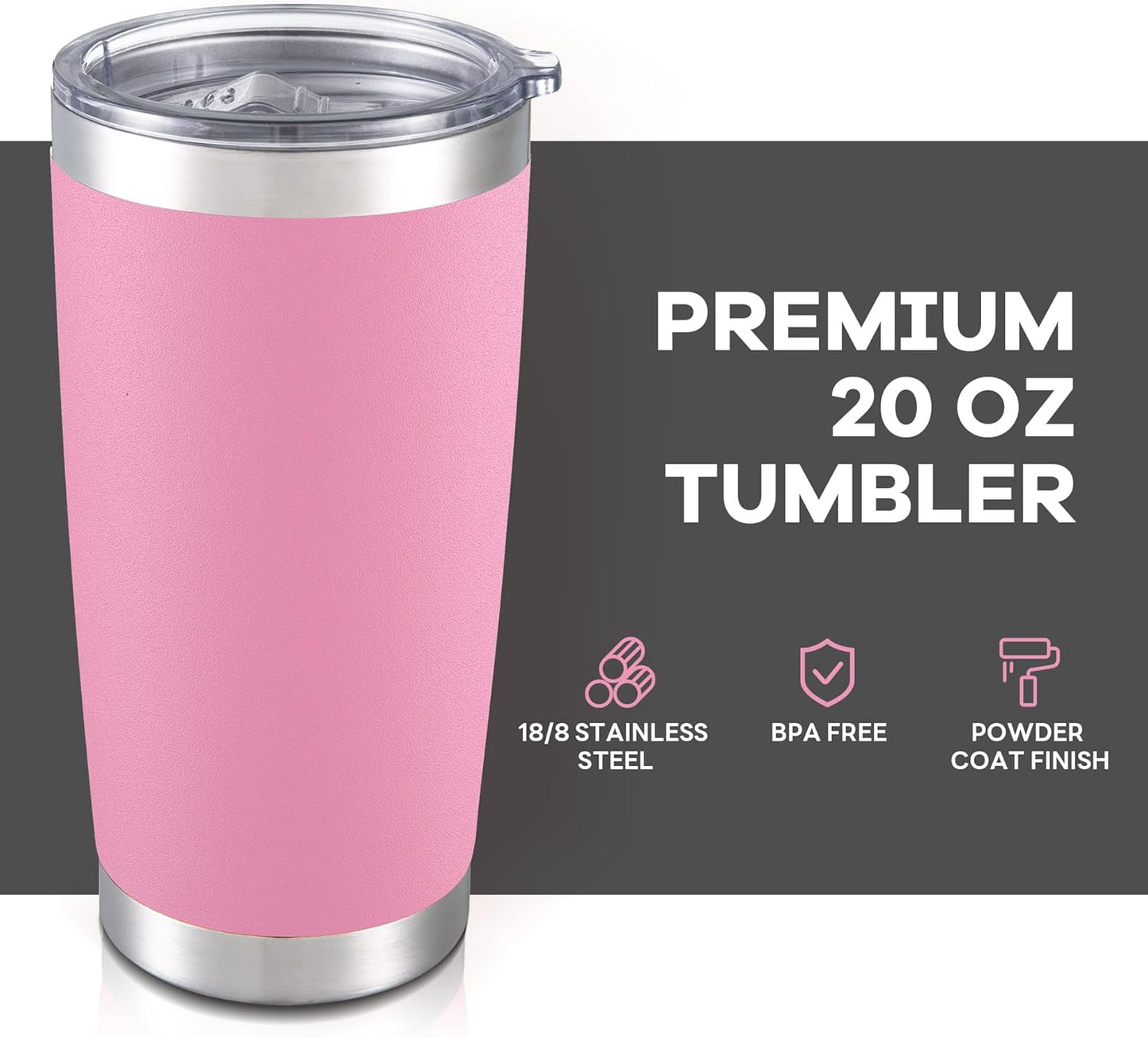 20 oz Tumbler with Lid Stainless Steel Insulated Tumblers Bulk Double Wall Vacuum Cups Powder Coated Travel Mug Keep Drinks Cold and Hot, Pink, 12 Pack