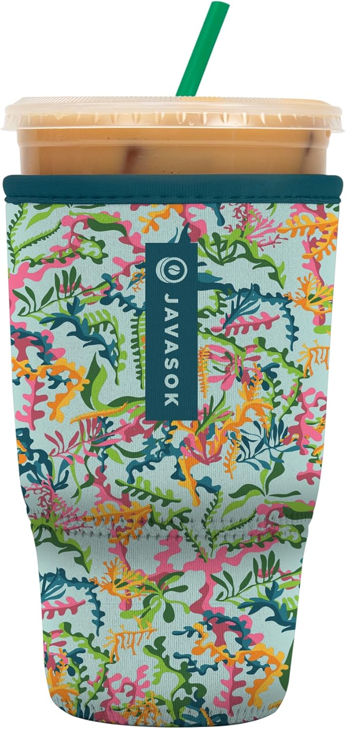 Sok It JavaSok Iced Coffee & Cold Soda Insulated Neoprene Cup Sleeve (Colorful Corals, Large: 30-32oz)