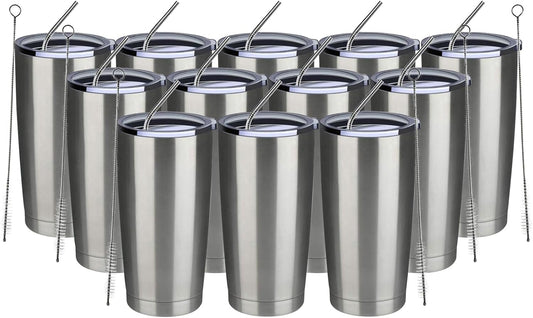 MEWAY 20oz Tumbler 12 Pack Double Wall Vacuum Insulated Travel Mug Bulk, Stainless Steel Tumblers with Lid and Straw, Durable Powder Coated Coffee Cups for Cold & Hot Drinks (Silver, 12)