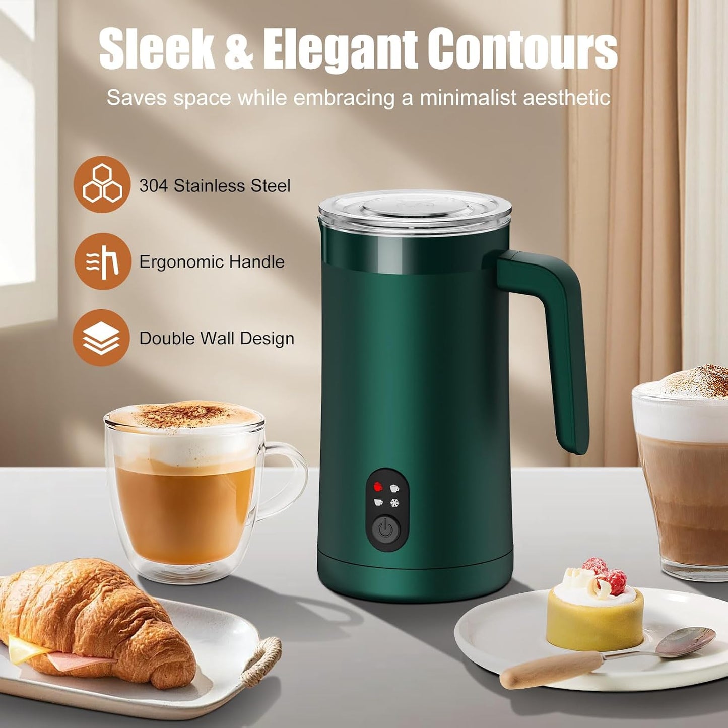 Milk Frother, 4-in-1 Milk Frother and Steamer, 13.5oz/400ml Automatic Hot and Cold Foam Maker and Milk Warmer, Electric Frother for Coffee, Latte, Cappuccino, Macchiato, Matcha(Forest Green)