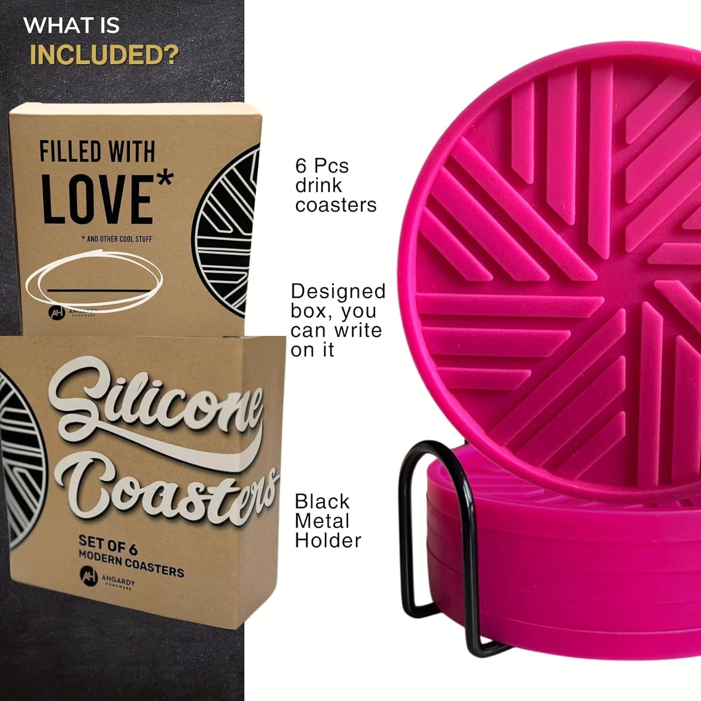 Silicone Coasters with Holder - 6 Pack - Absorbent Table Coasters for Drinks - Home Decor Coffee Table - with Stylish Groove Pattern -Housewarming Gifts Cute Pink