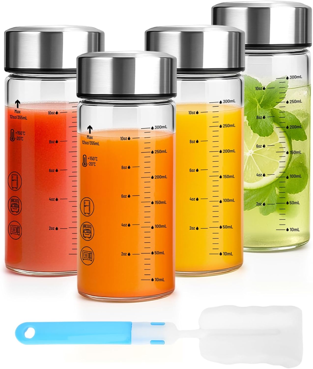 12oz Glass Water Bottles with Lids, 4 Pack Reusable Wide Mouth Juice Bottles with Stainless Steel Caps, Leakproof Borosilicate Glass for Juicing, Smoothies & Storage, BPA-Free,Dishwasher Safe