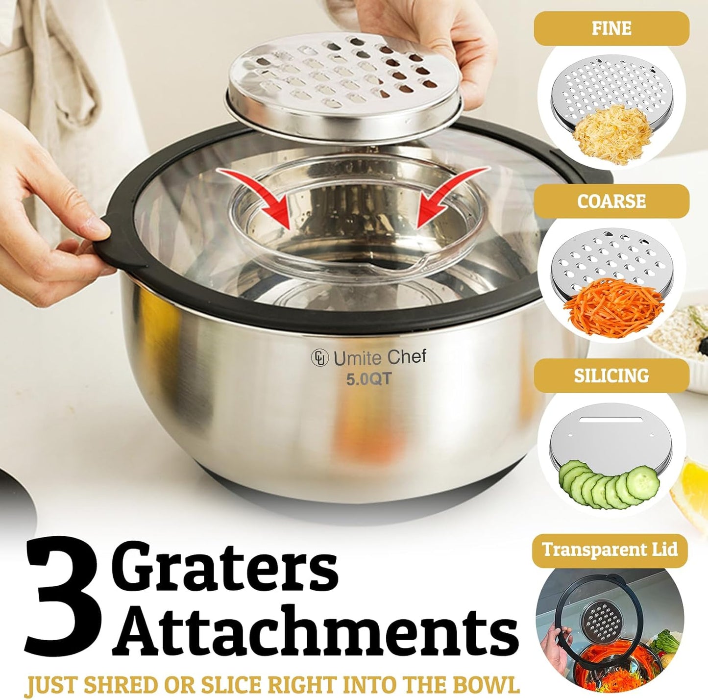 Mixing Bowls with Lids Set - Non-Slip, Airtight Warp-Proof TPR-AS Lids, Thicker Stainless Steel Bowls, Measurement Lines & 3 Graters, Prep Meal Bowl, Black Nesting Bowl for Kitchen, 5/3/2/1.5/0.63QT