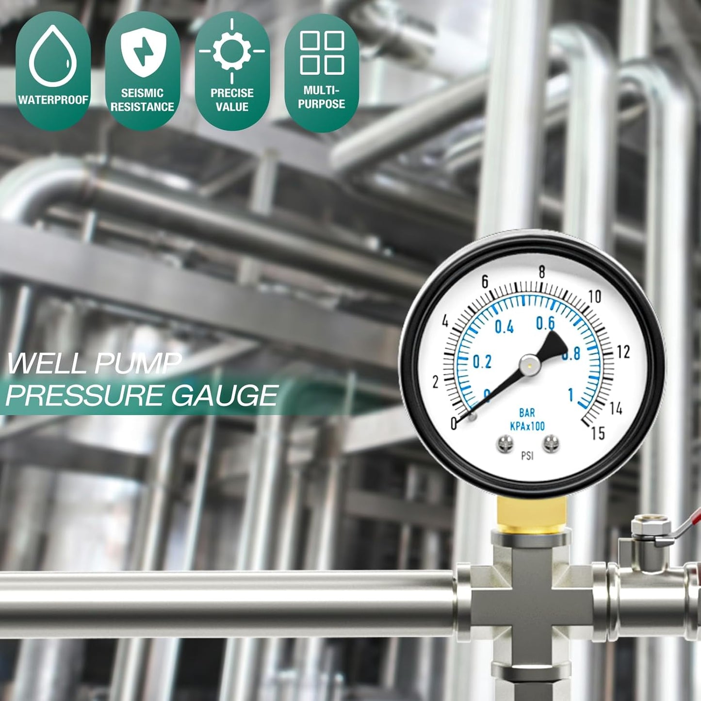 0-15PSI Well Pump Pressure Gauge 2" Dial Size, 1/4" NPT Lower Mount, 3-2-3% Accuracy, for Tube, Water Pump, Gas, Liquid, Pressure Test