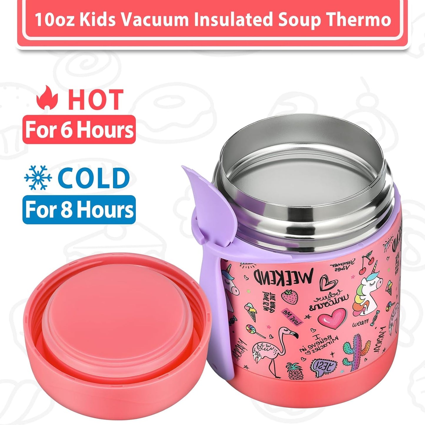 10oz Soup Thermo for Hot Food Kids,Lunch Thermo Kids Food Jar with Spoon Hot Insulated Food Containers,Leak Proof Stainless Steel Wide Mouth Lunch Food Thermo Jar for School(Pink-Flamingo)