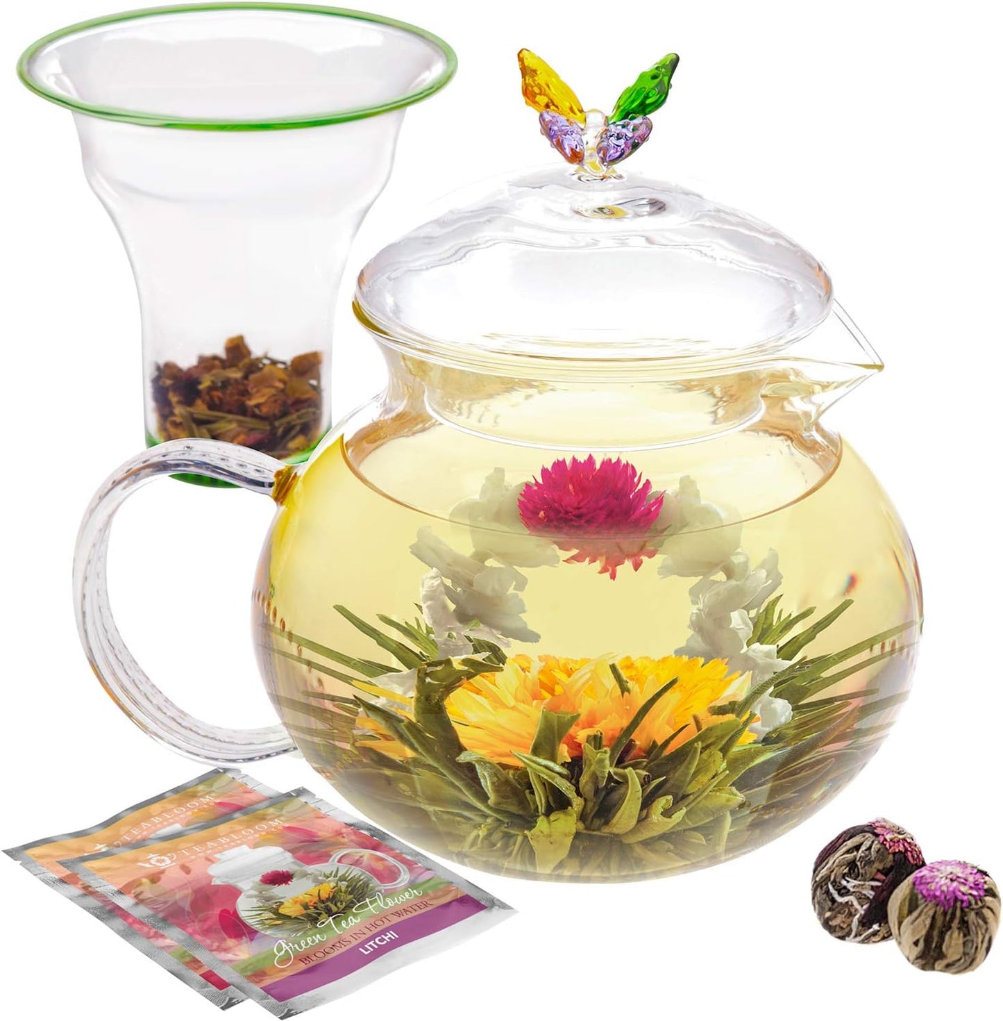 Teabloom Wings of Love Teapot - 40 oz. Borosilicate Glass Butterfly Teapot, Loose Leaf Tea Glass Infuser - 2 Free Blooming Tea Flowers included