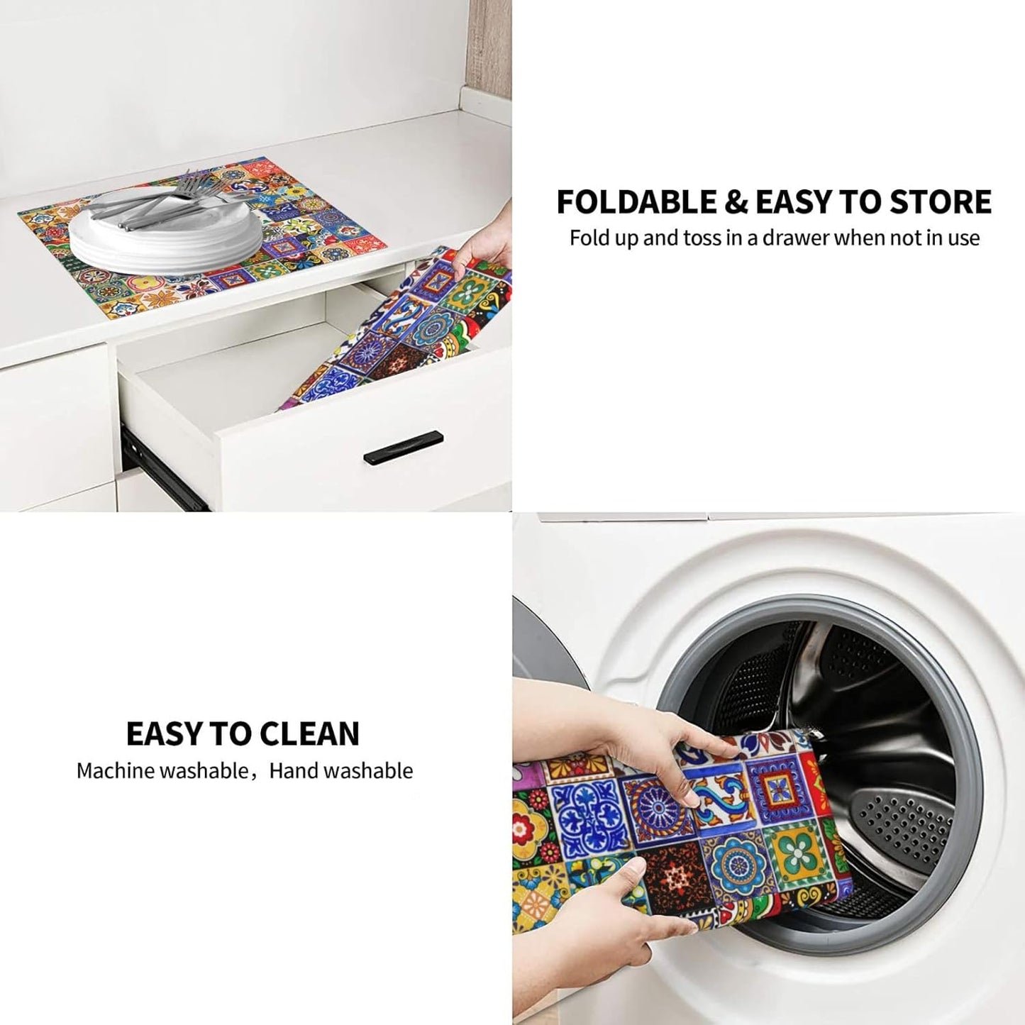 Bohemian Chic Floral Dish Drying Mat, Highly Absorbent Microfiber Kitchen Counter Pad Reusable Washable, 16*18"