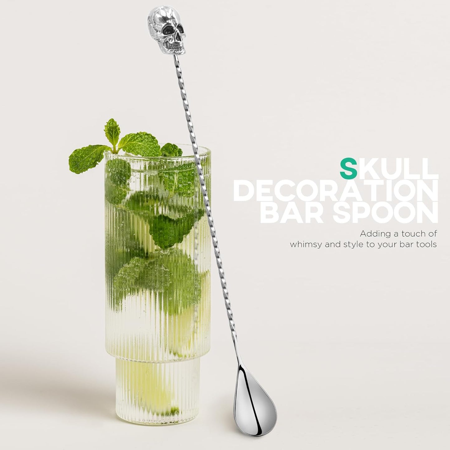 Homestia Bar Spoon Cocktail Mixing Spoon, 12-Inches Long Handle Stainless Steel Cocktail Stirrers, Spiral Design with Skull End Cocktail Spoon for Bartender Drinks, Home Use, Halloween Party