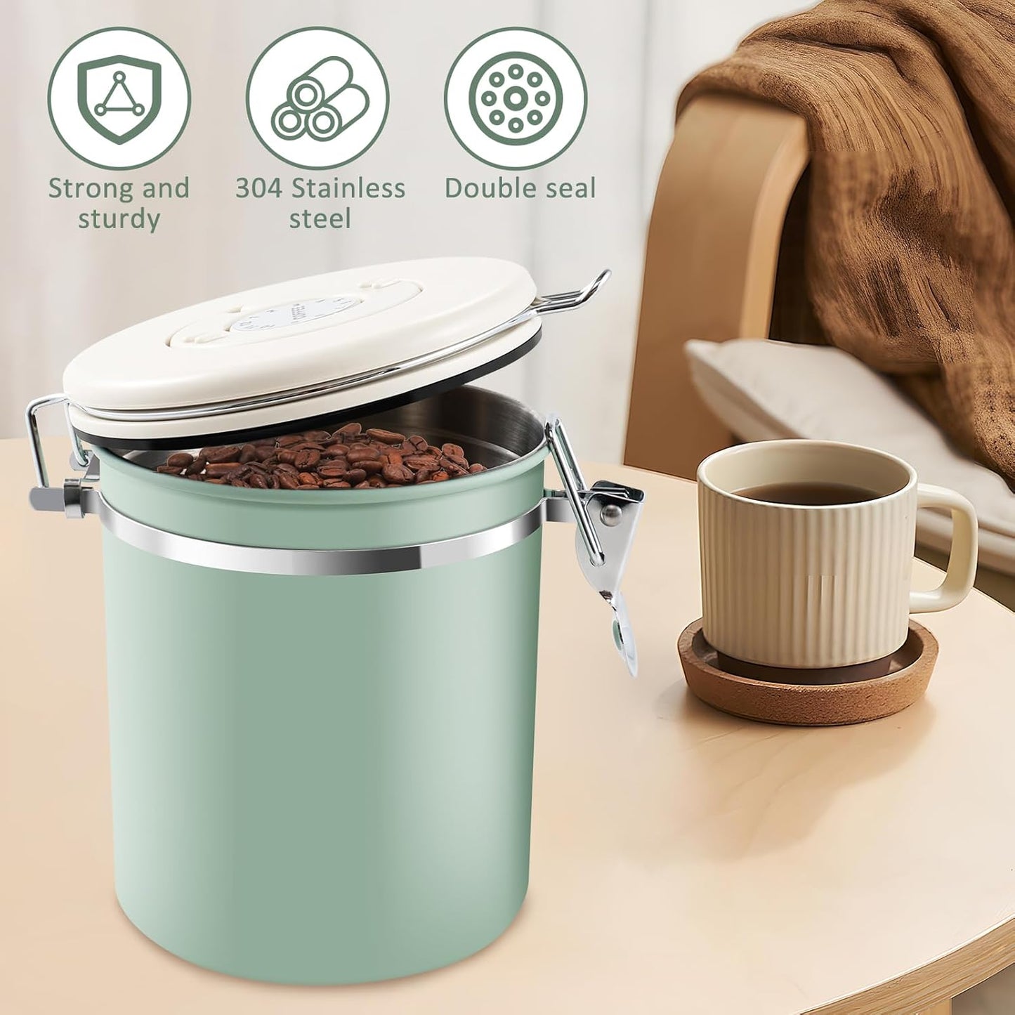 2Pcs Coffee Storage Canister 1.5L Double Airtight Coffee Beans Container with Date Locator 304 Stainless Steel Kitchen Food Storage Container with Spoon for Coffee Beans Grounds Tea,Green Sugar,Green