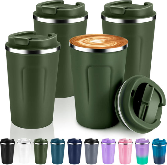 Volhoply 12 oz Double Wall Insulated Vacuum Travel Coffee Mug with Flip Lid Bulk 4 Pack,Reusable Stainless Steel Leak Proof Coffee Cups,Portable Thermal Tumbler for Hot & Cold Drinks(Army Green,4 Set)