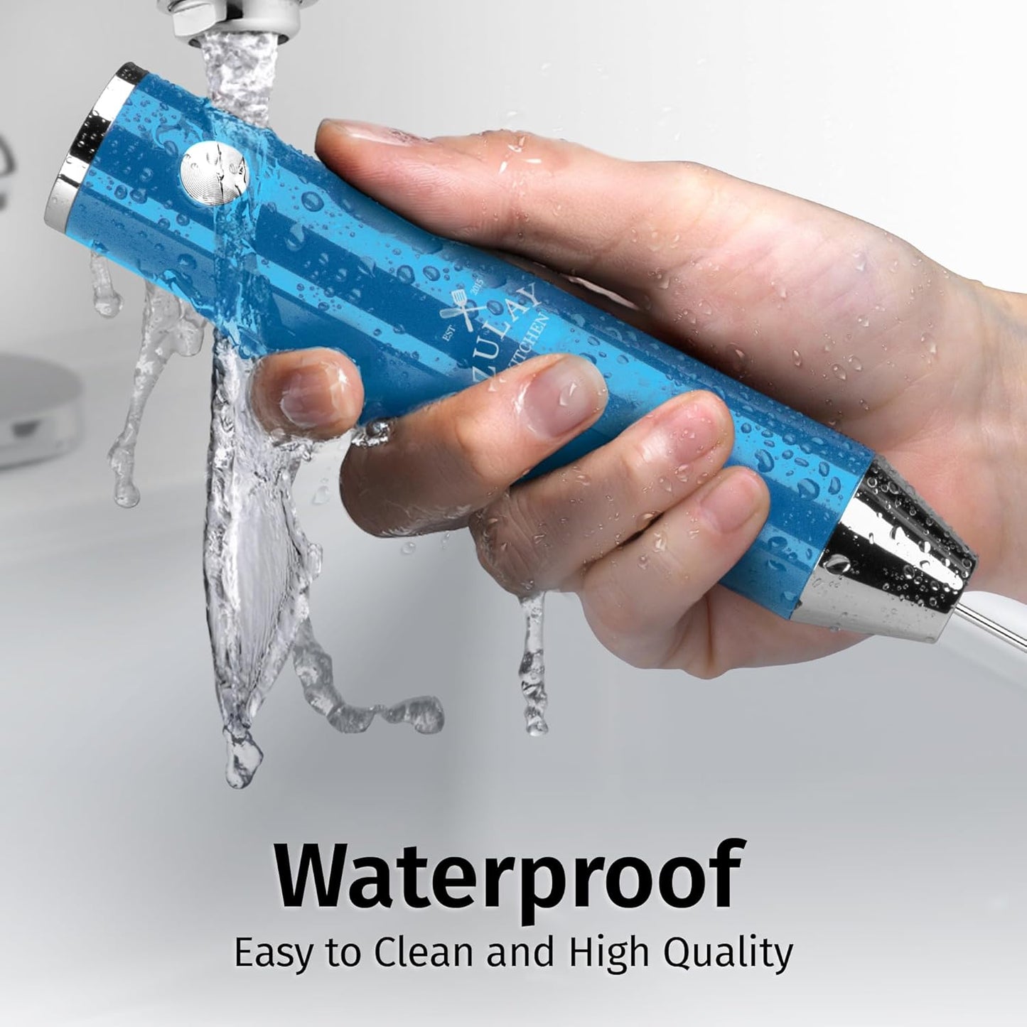 Zulay Kitchen Lux Rechargeable Milk Frother Handheld - Powerful 2-Speed Motor, Fully Waterproof, 2000mAh Battery - Drink Mixer For Latte, Cappuccino, Matcha, Protein Powder - Metallic Blue