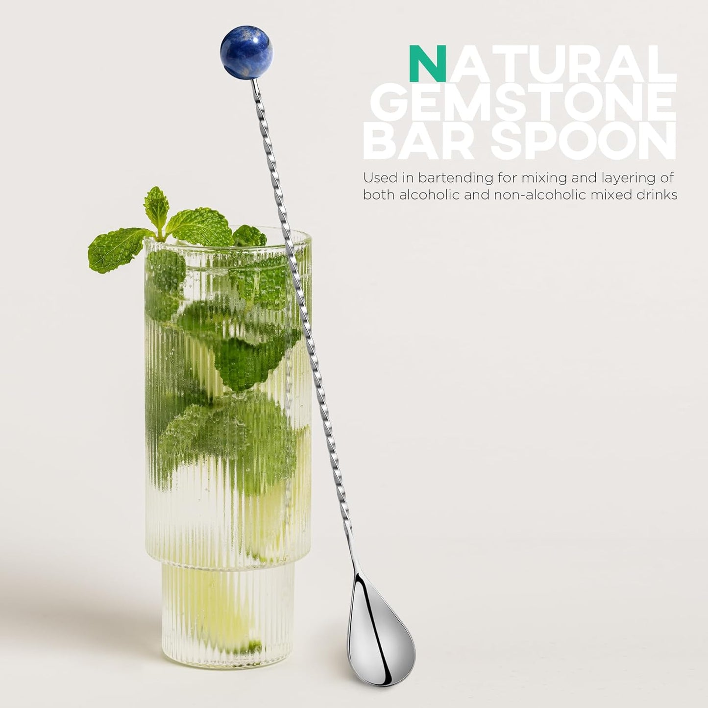 Homestia 12-Inch Natural Gemstone Bar Spoon, 304 Stainless Steel Cocktail Spoon for Layering Long Spiral Handle Mixing Spoon Stirrers for Drink (Blue)