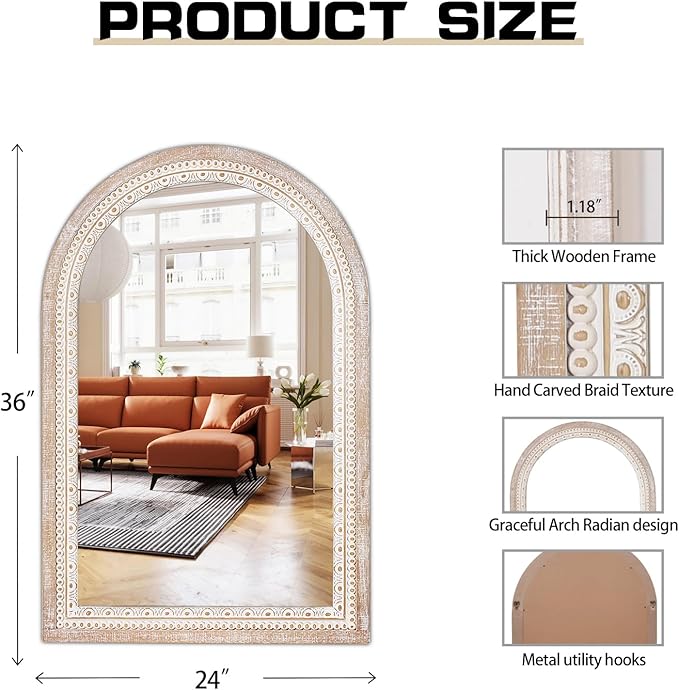 36x24 Inch Rustic Farmhouse Arched Wall Mirror, Boho Distressed Wooden Frame - Image 8
